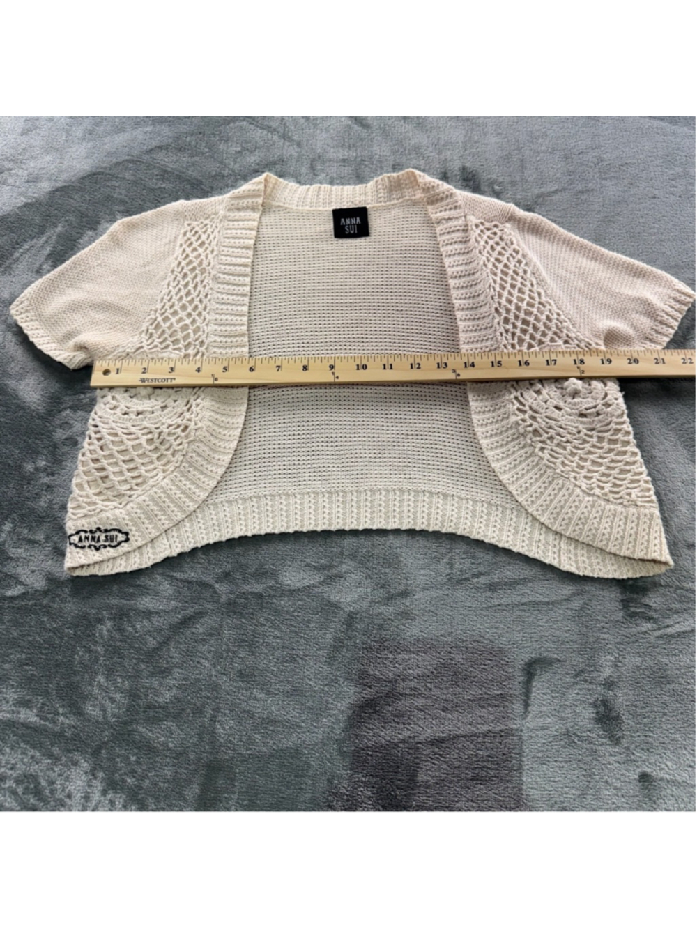 Anna Sui Cardigan Womens S Crochet Boho Bolero Cottagecore Y2K Open Knit Ivory - Picture 9 of 13